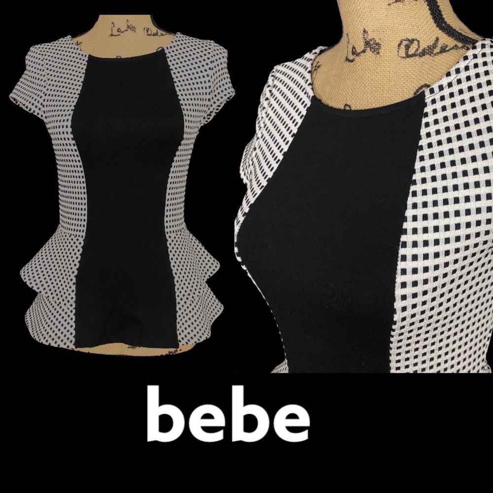bebe peplum top black & white check XS
